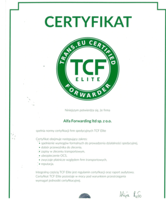 Alfa Forwarding z certyfikatem TCF Elite