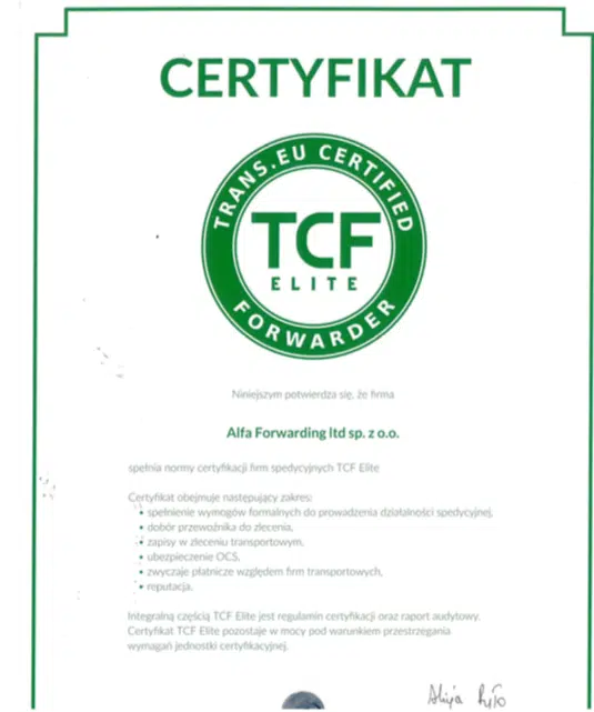 Alfa Forwarding z certyfikatem TCF Elite