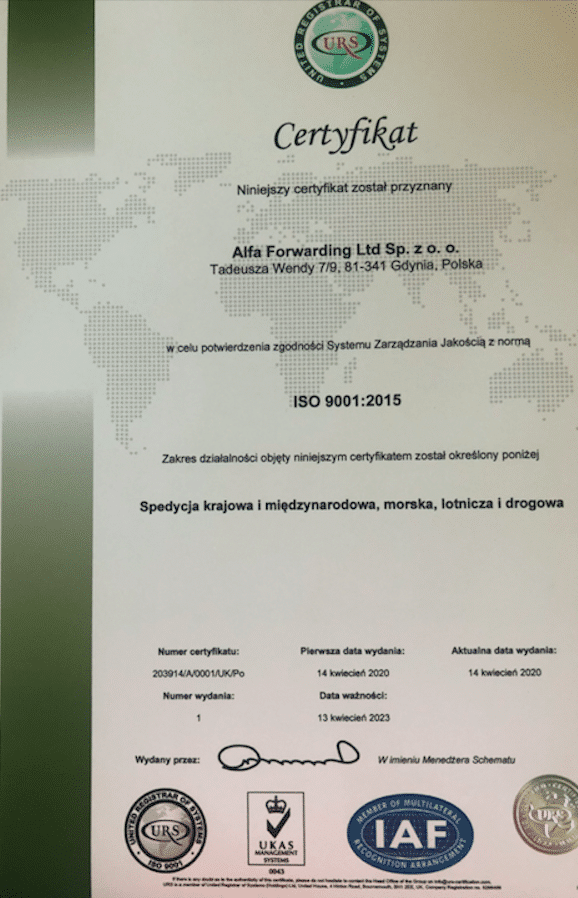 Alfa Forwarding z Certyfikatem ISO 9001:2015