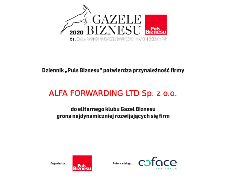 Alfa Forwarding z tytułem Gazeli Biznesu 2020